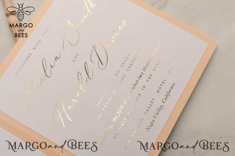  Elegant Peach Wedding Invitations, Luxury Gold Foil Wedding Cards, Glamour Golden Shine Wedding Invites, Romantic Floral Wedding Invitation Suite-4