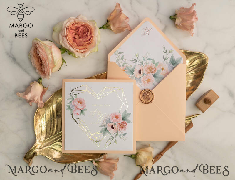 Elegant Peach Wedding Invitations, Luxury Gold Foil Wedding Cards, Glamour Golden Shine Wedding Invites, Romantic Floral Wedding Invitation Suite-5