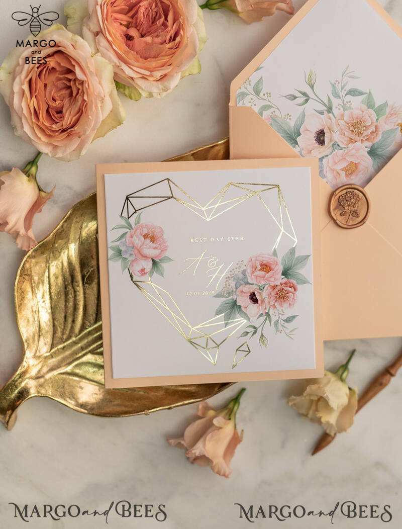  Elegant Peach Wedding Invitations, Luxury Gold Foil Wedding Cards, Glamour Golden Shine Wedding Invites, Romantic Floral Wedding Invitation Suite-6