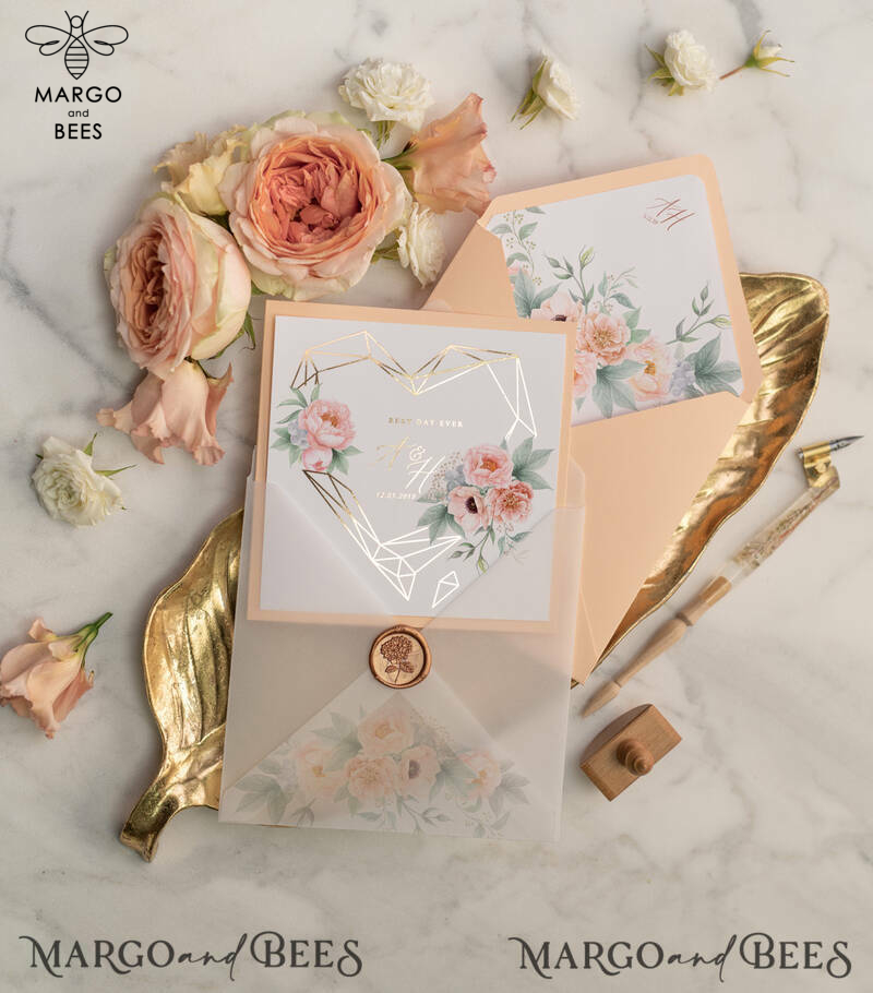  Elegant Peach Wedding Invitations, Luxury Gold Foil Wedding Cards, Glamour Golden Shine Wedding Invites, Romantic Floral Wedding Invitation Suite-7