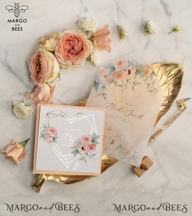 Luxory gold Wedding Invitations,  Peach Roses Elegant Wedding Stationery,  Floral Elegant Wedding Invitations Suite-8