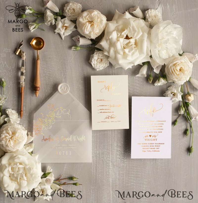 Glamour Champagne Shimmer Wedding Invitations, Elegant Ivory Wedding Invites, Bespoke White Vellum Wedding Invitation Suite, Golden Shine Wedding Cards-1