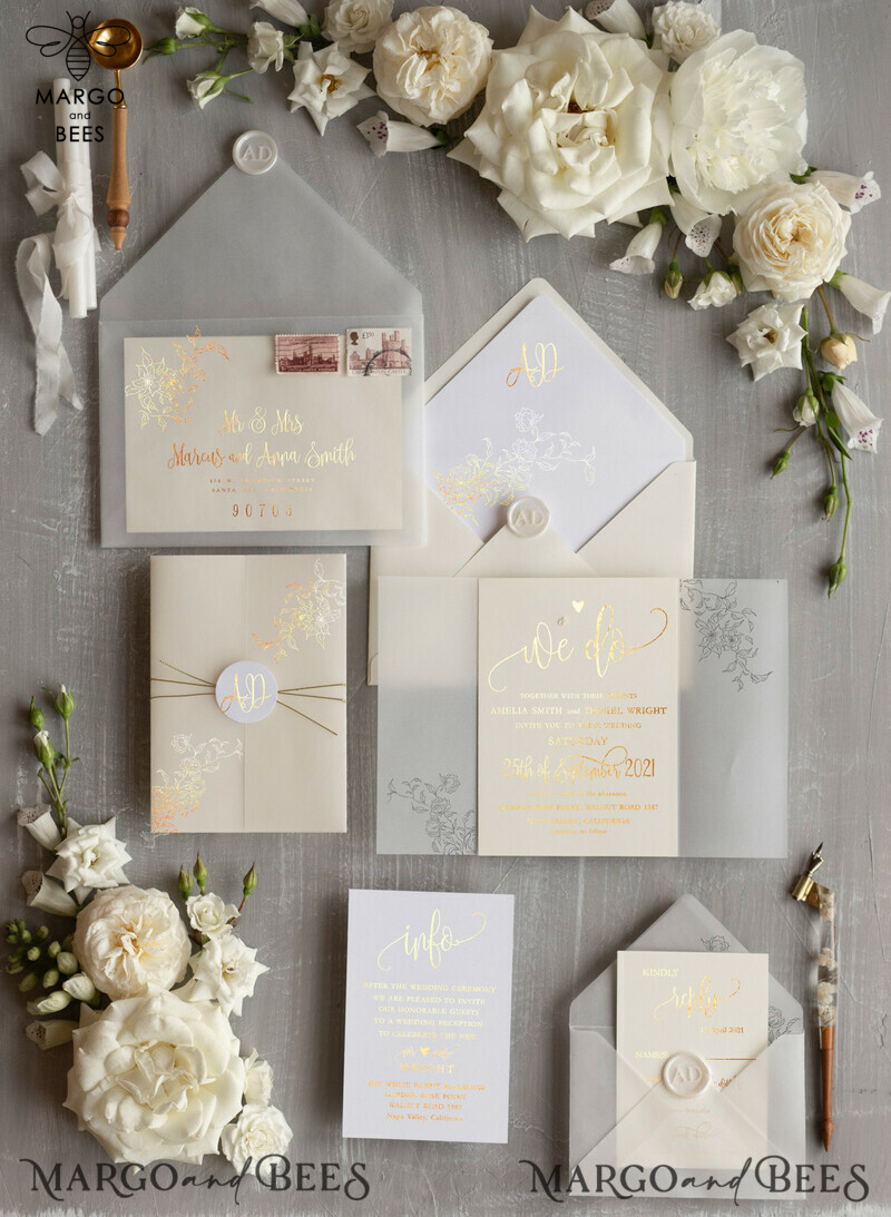 Glamour meets Elegance: Champagne Shimmer and Ivory Wedding Invitations with a Golden Shine-2