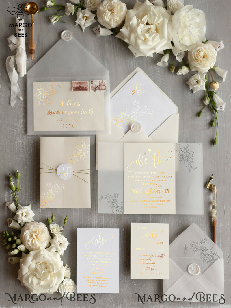 Glamour Champagne Shimmer Wedding Invitations, Elegant Ivory Wedding Invites, Bespoke White Vellum Wedding Invitation Suite, Golden Shine Wedding Cards-4
