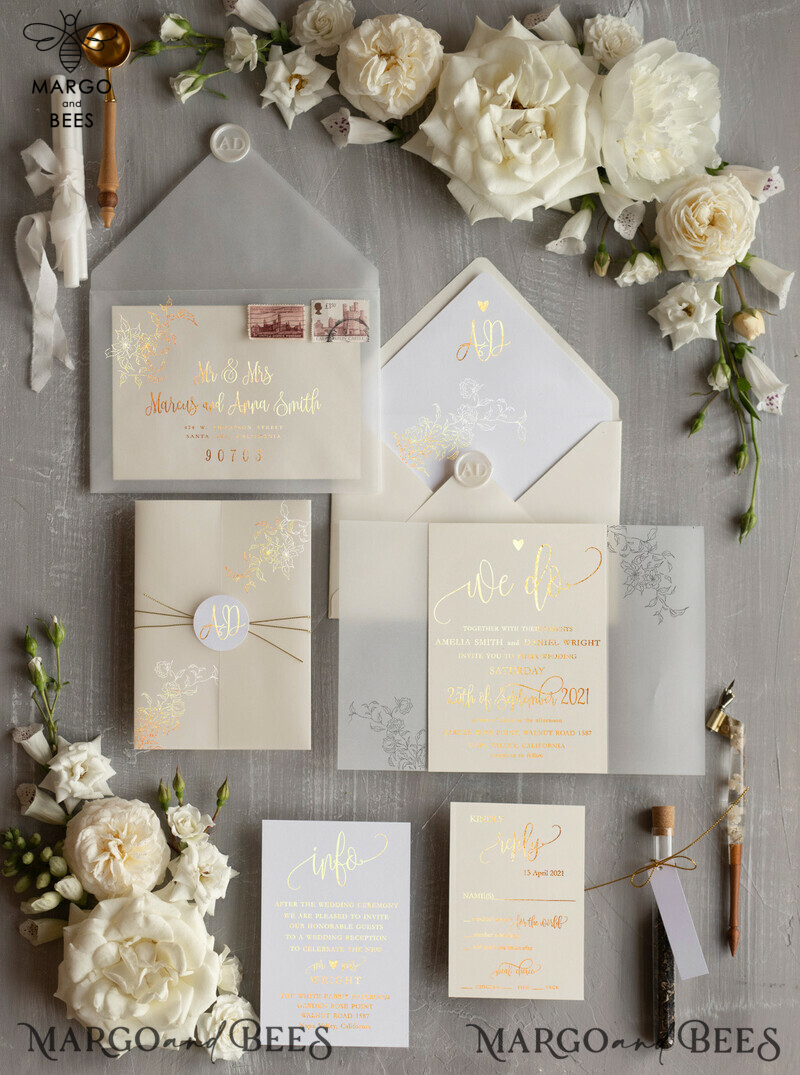 Glamour Champagne Shimmer Wedding Invitations, Elegant Ivory Wedding Invites, Bespoke White Vellum Wedding Invitation Suite, Golden Shine Wedding Cards-6
