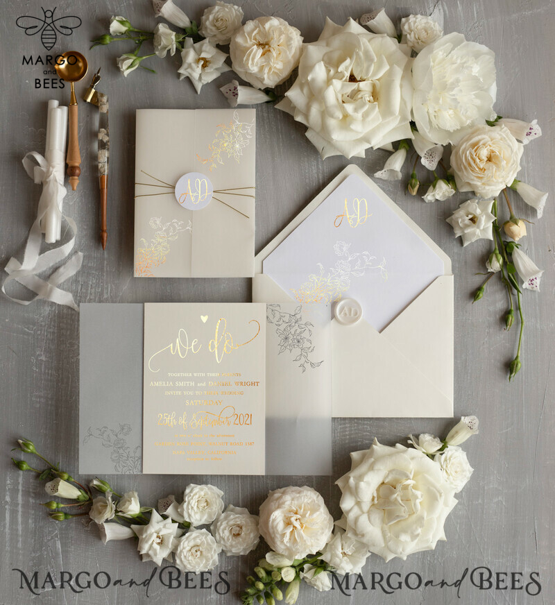 Glamour Champagne Shimmer Wedding Invitations, Elegant Ivory Wedding Invites, Bespoke White Vellum Wedding Invitation Suite, Golden Shine Wedding Cards-7