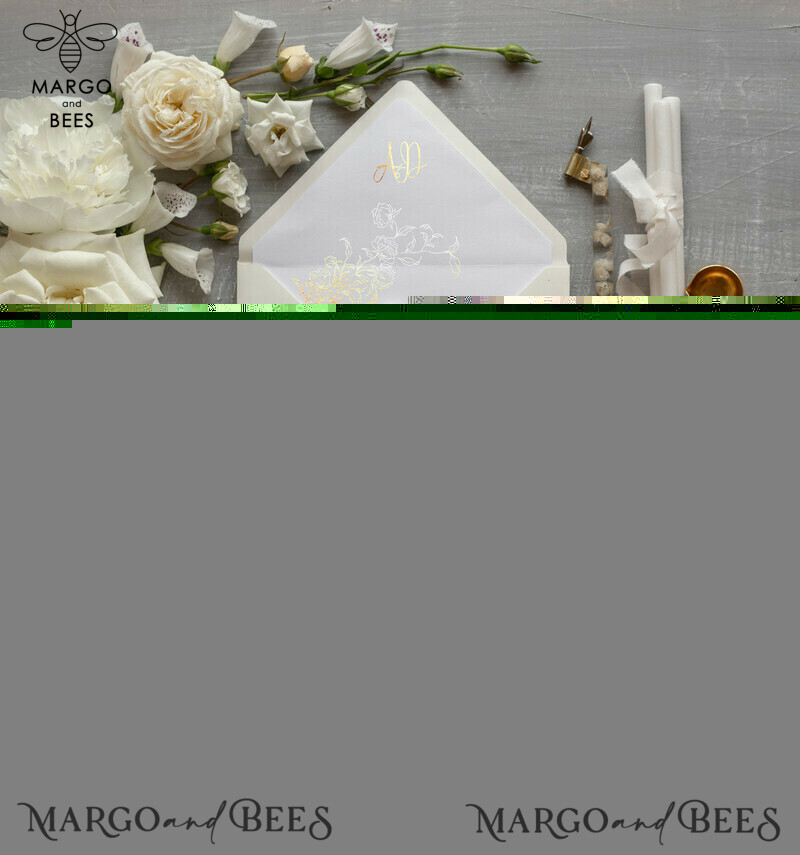 Glamour Champagne Shimmer Wedding Invitations, Elegant Ivory Wedding Invites, Bespoke White Vellum Wedding Invitation Suite, Golden Shine Wedding Cards-9