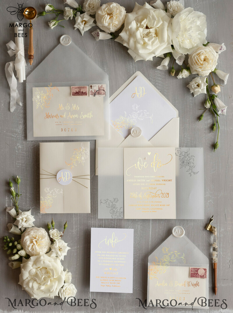 Glamour meets Elegance: Champagne Shimmer and Ivory Wedding Invitations with a Golden Shine-0