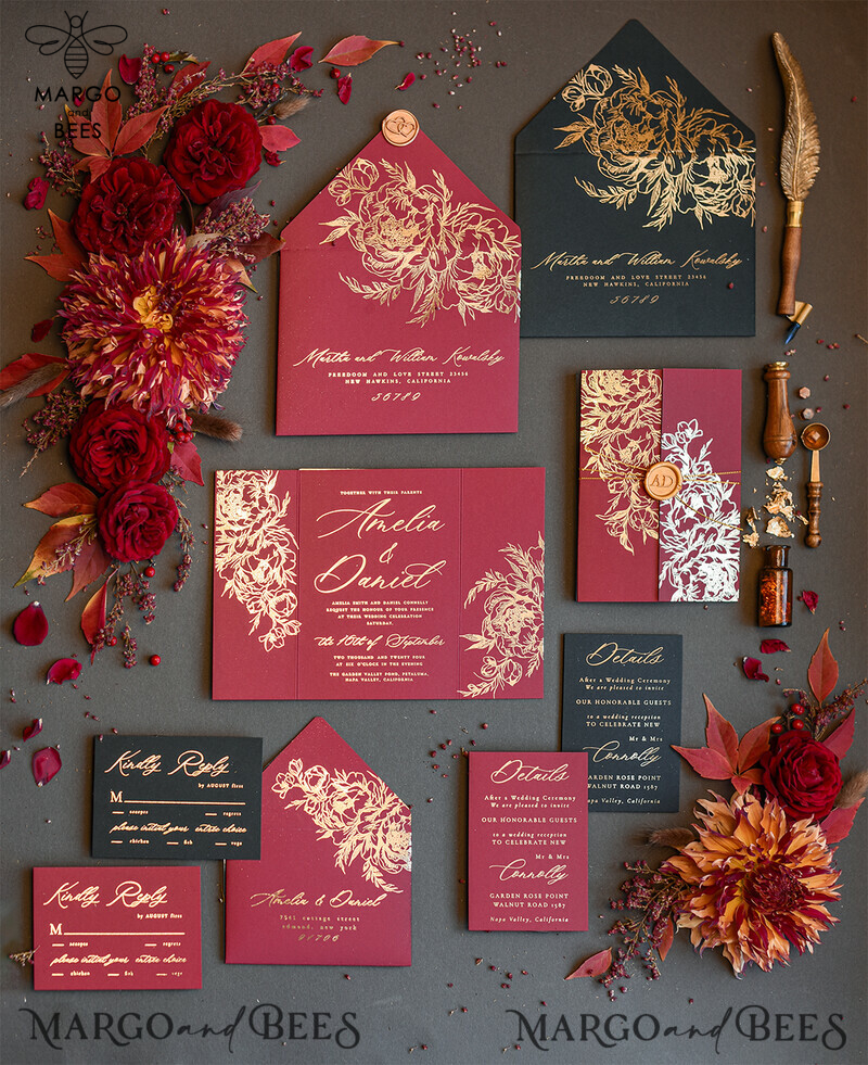 Golden Burgundy Wedding Invitations: Glamour meets Elegance in this Luxury Arabic Wedding Card Suite with Glamour Glitter and Gold Foil Accents-0