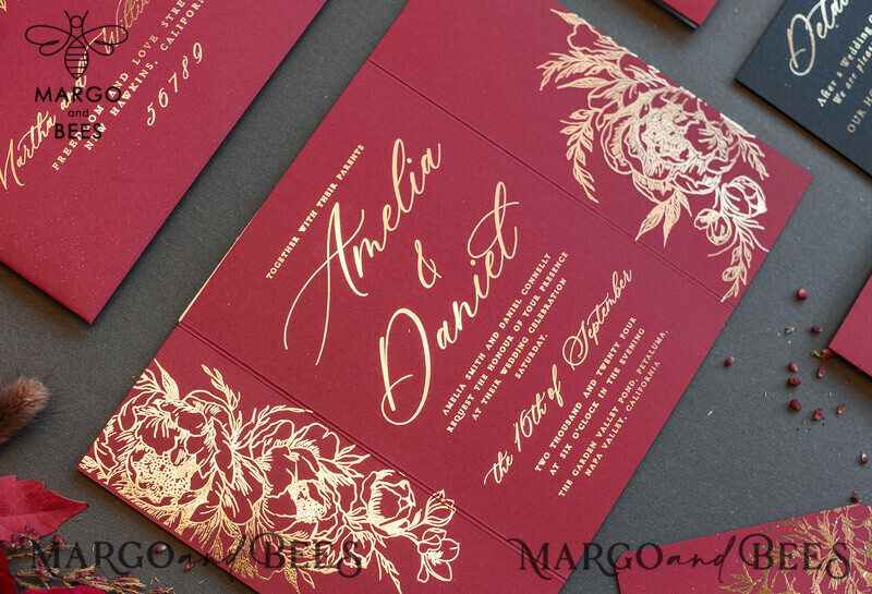 Golden Burgundy Wedding Invitations: Glamour meets Elegance in this Luxury Arabic Wedding Card Suite with Glamour Glitter and Gold Foil Accents-4