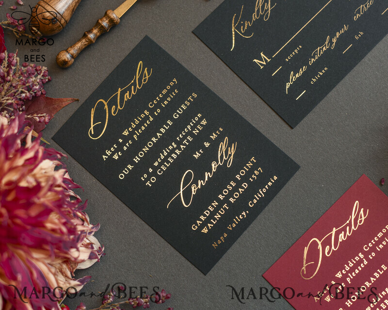 Golden Burgundy Wedding Invitations, Glamour Glitter Wedding Stationery, Elegant Black Wedding Invitation Suite, Gold Foil Luxury Arabic Wedding Cards-8