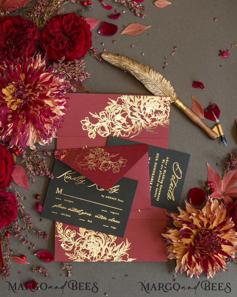 Golden Burgundy Wedding Invitations, Glamour Glitter Wedding Stationery, Elegant Black Wedding Invitation Suite, Gold Foil Luxury Arabic Wedding Cards-9