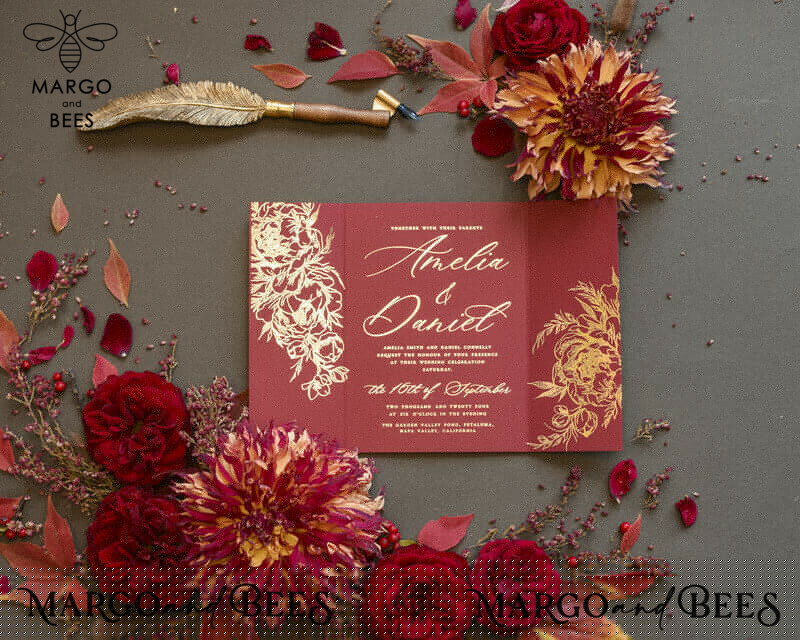 Golden Burgundy Wedding Invitations: Glamour meets Elegance in this Luxury Arabic Wedding Card Suite with Glamour Glitter and Gold Foil Accents-10