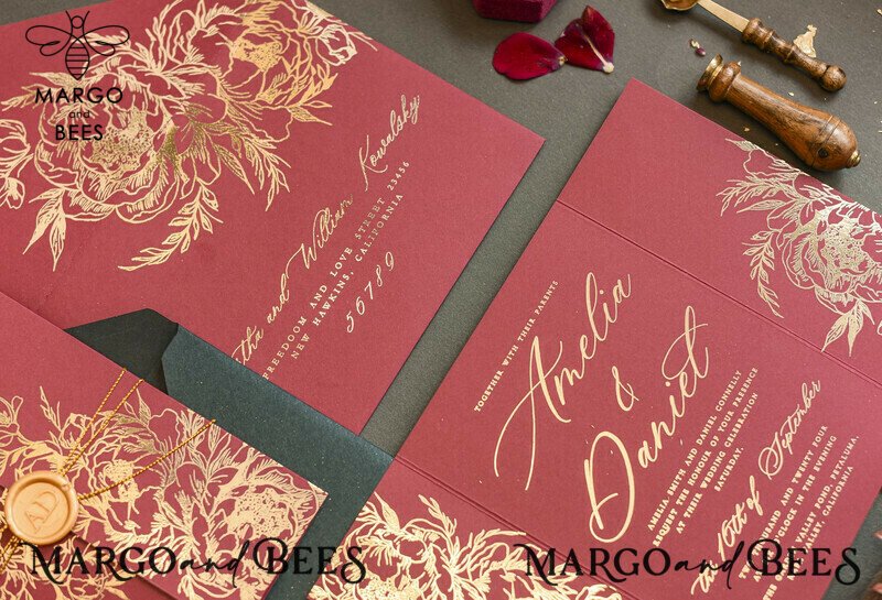 Golden Burgundy Wedding Invitations, Glamour Glitter Wedding Stationery, Elegant Black Wedding Invitation Suite, Gold Foil Luxury Arabic Wedding Cards-13