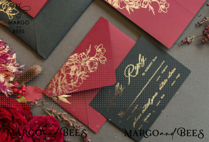 Golden Burgundy Wedding Invitations, Glamour Glitter Wedding Stationery, Elegant Black Wedding Invitation Suite, Gold Foil Luxury Arabic Wedding Cards-14