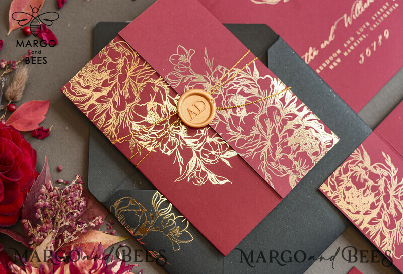 Golden Burgundy Wedding Invitations: Glamour meets Elegance in this Luxury Arabic Wedding Card Suite with Glamour Glitter and Gold Foil Accents-15