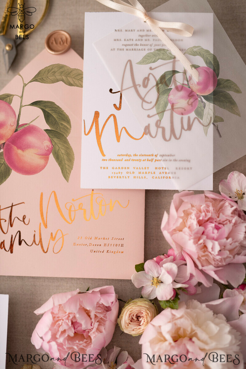 Luxury Modern Wedding Stationery: Glamour Gold Foil Wedding Invitations and Elegant Peach Wedding Invites with Bespoke Vellum Wedding Cards adorned with a Bow-1