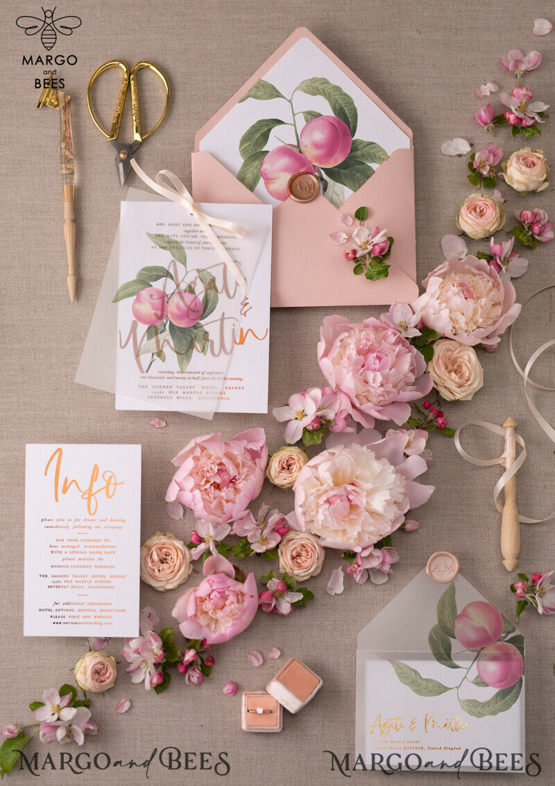 Glamour Gold Foil Wedding Invitations, Elegant Peach Wedding Invites, Bespoke Vellum Wedding Cards With Bow, Luxury Modern Wedding Stationery-2