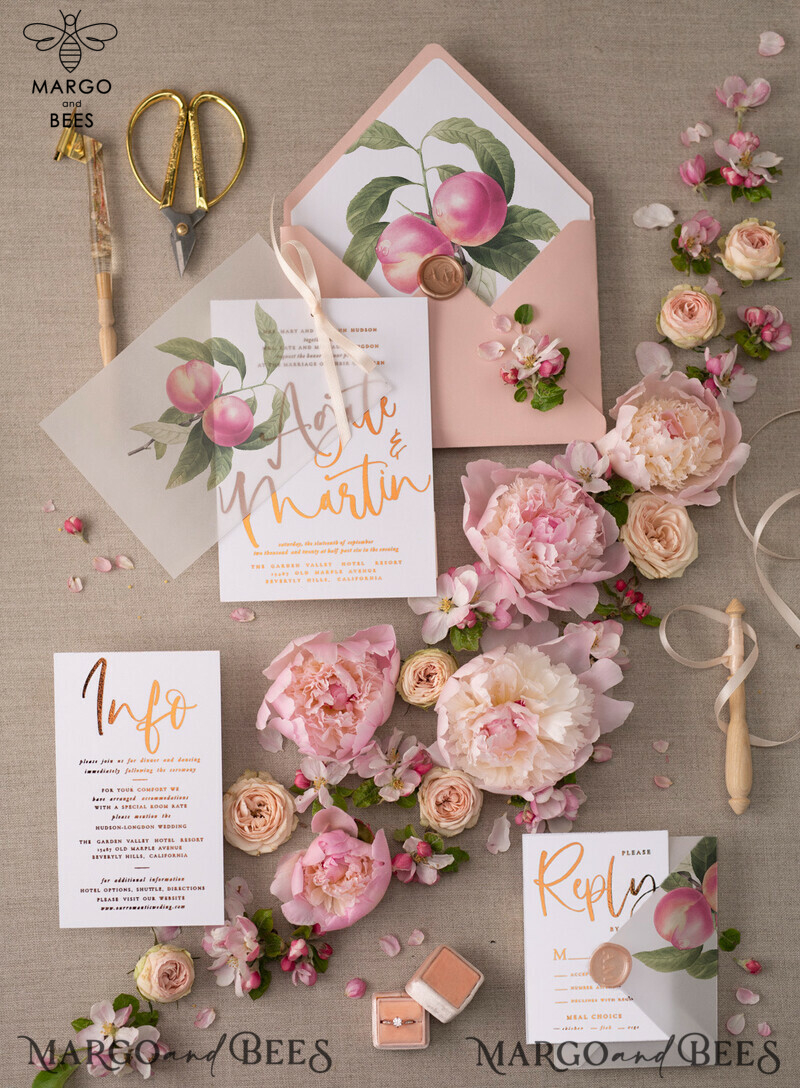 Glamour Gold Foil Wedding Invitations, Elegant Peach Wedding Invites, Bespoke Vellum Wedding Cards With Bow, Luxury Modern Wedding Stationery-3