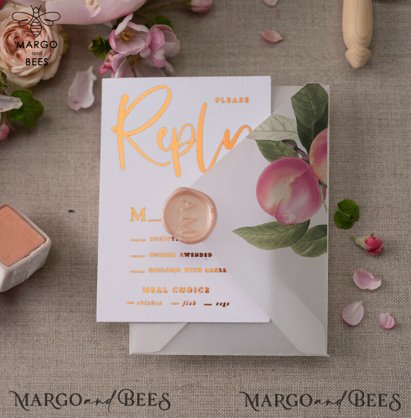 Glamour meets Elegance: Introducing our Gold Foil Wedding Invitations with a touch of Luxury and Bespoke Vellum Wedding Cards adorned with a Bow for your Modern and Stylish Wedding Stationery in Beautiful Peach.-4