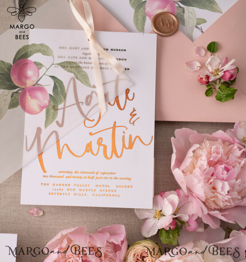 Glamour meets Elegance: Introducing our Gold Foil Wedding Invitations with a touch of Luxury and Bespoke Vellum Wedding Cards adorned with a Bow for your Modern and Stylish Wedding Stationery in Beautiful Peach.-5