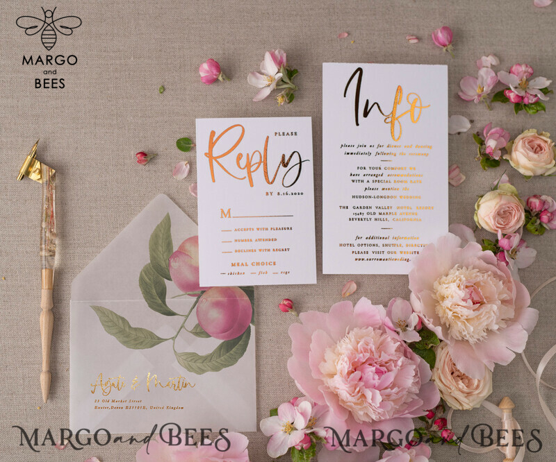 Luxury Modern Wedding Stationery: Glamour Gold Foil Wedding Invitations and Elegant Peach Wedding Invites with Bespoke Vellum Wedding Cards adorned with a Bow-7