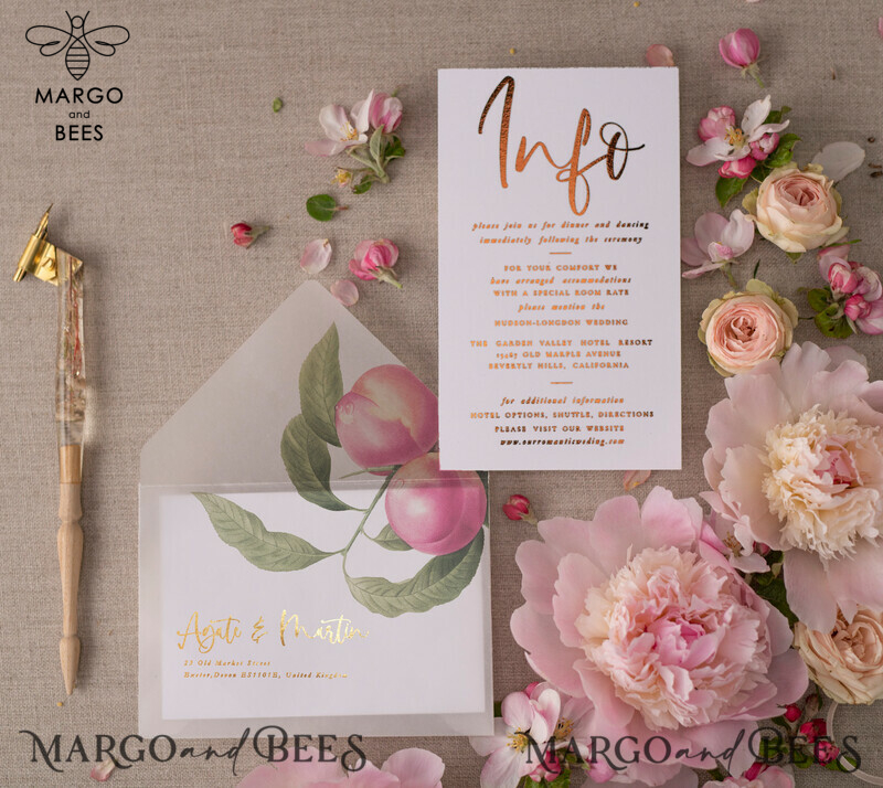 Glamour Gold Foil Wedding Invitations, Elegant Peach Wedding Invites, Bespoke Vellum Wedding Cards With Bow, Luxury Modern Wedding Stationery-8