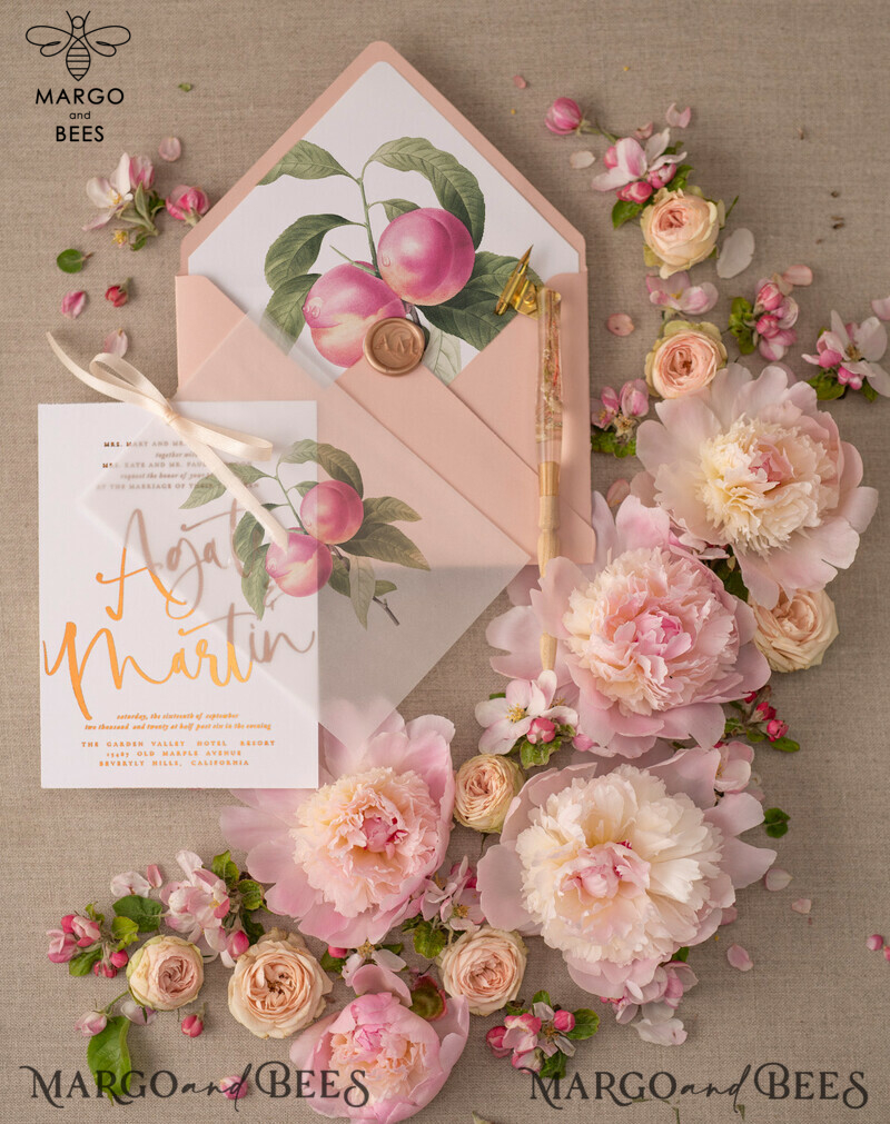 Glamour Gold Foil Wedding Invitations, Elegant Peach Wedding Invites, Bespoke Vellum Wedding Cards With Bow, Luxury Modern Wedding Stationery-9