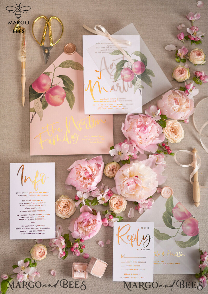 Glamour Gold Foil Wedding Invitations, Elegant Peach Wedding Invites, Bespoke Vellum Wedding Cards With Bow, Luxury Modern Wedding Stationery-0