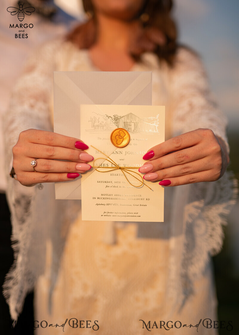Luxury Bohemian Wedding Invitations: Customized Venue Sketch and Elegant Nude Invitation Suite with Golden Shine-4