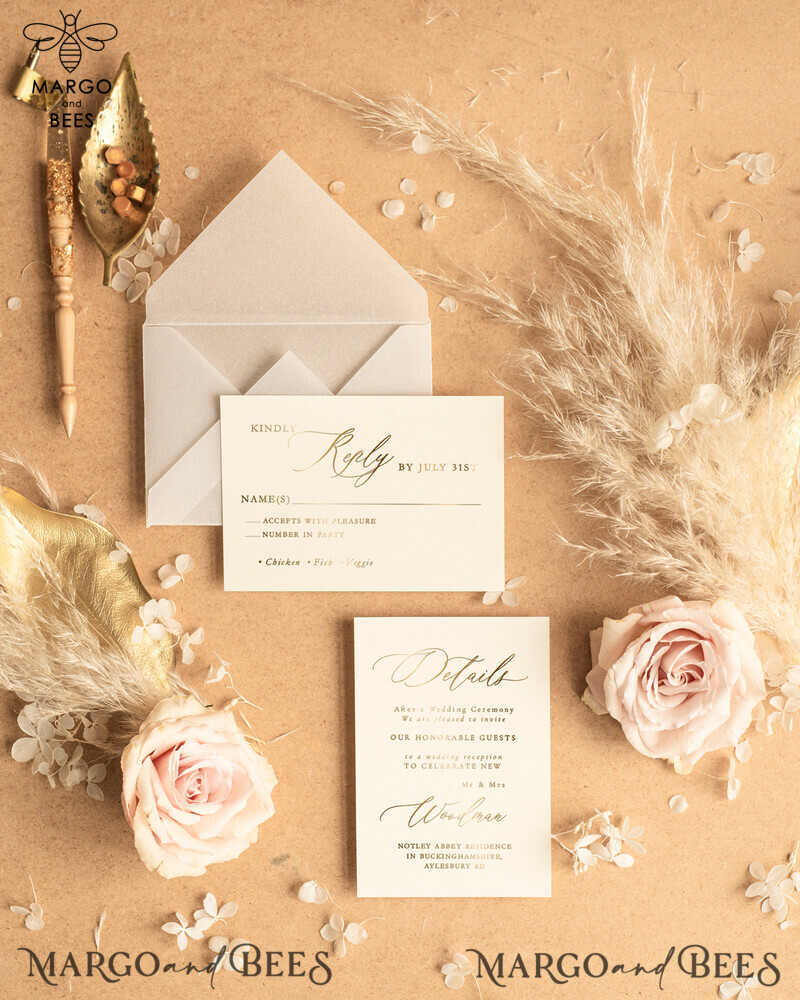 Luxury Bohemian Wedding Invitations: Customized Venue Sketch and Elegant Nude Invitation Suite with Golden Shine-1