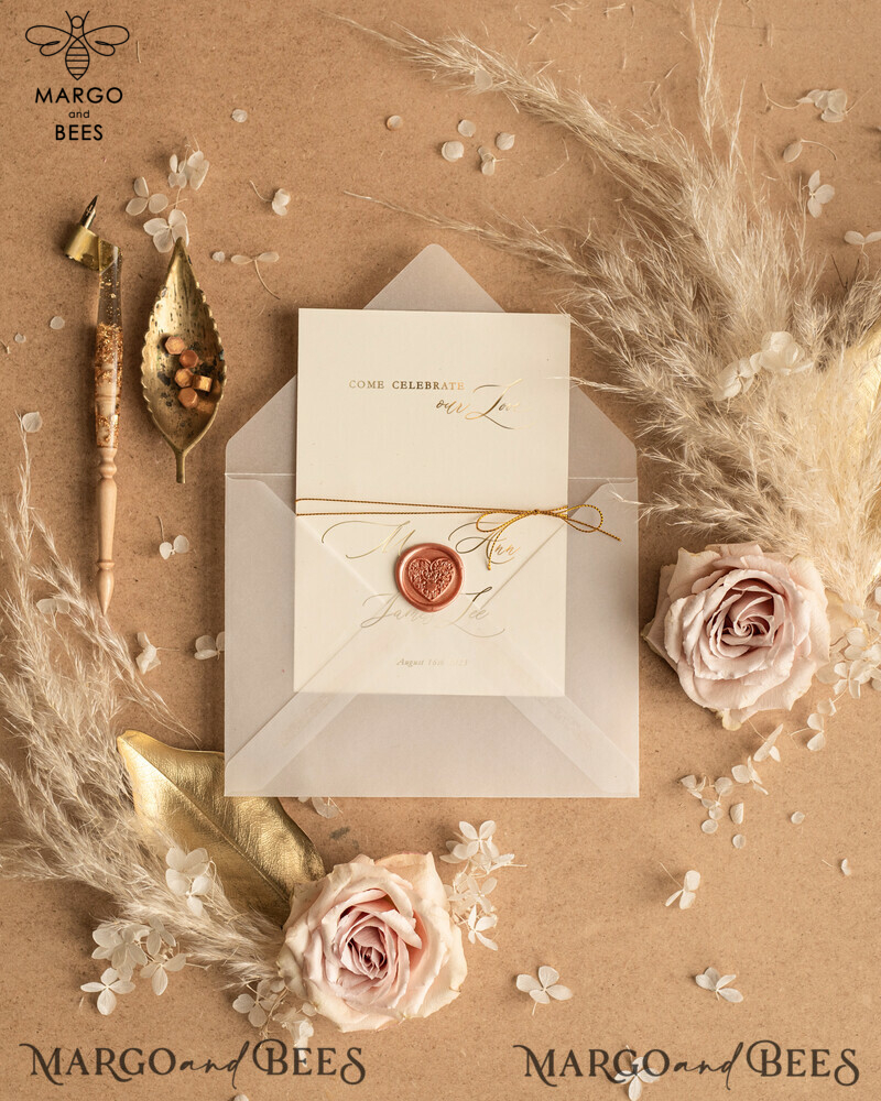 Luxury Bohemian Wedding Invitations: Customized Venue Sketch and Elegant Nude Invitation Suite with Golden Shine-2