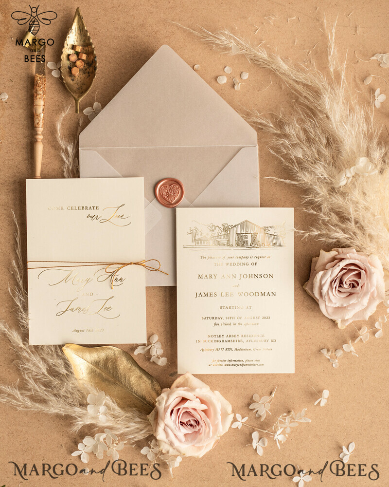 Luxury Bohemian Wedding Invitations: Customized Venue Sketch and Elegant Nude Invitation Suite with Golden Shine-3