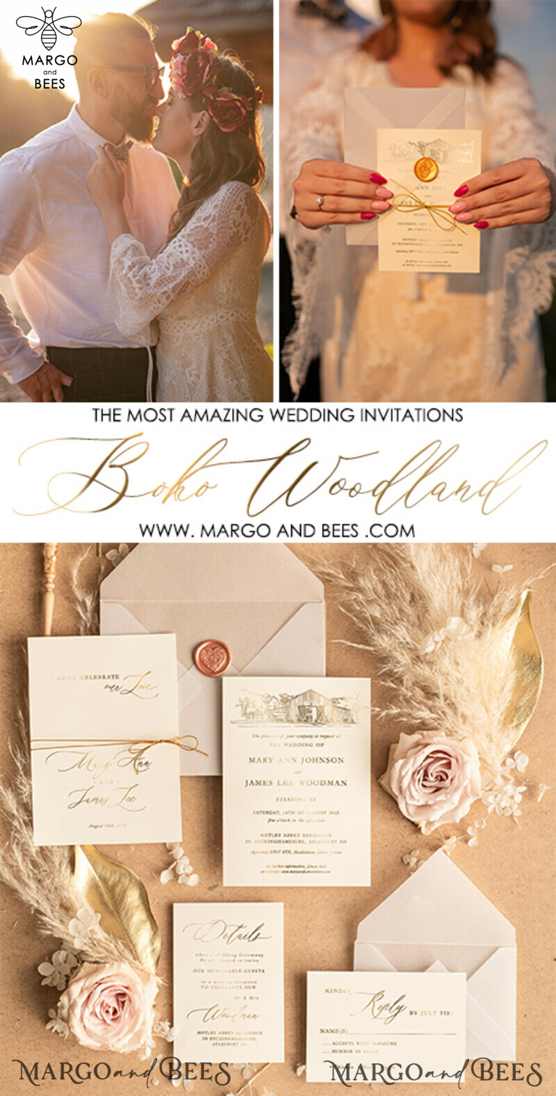 Luxury Bohemian Wedding Invitations: Customized Venue Sketch and Elegant Nude Invitation Suite with Golden Shine-5