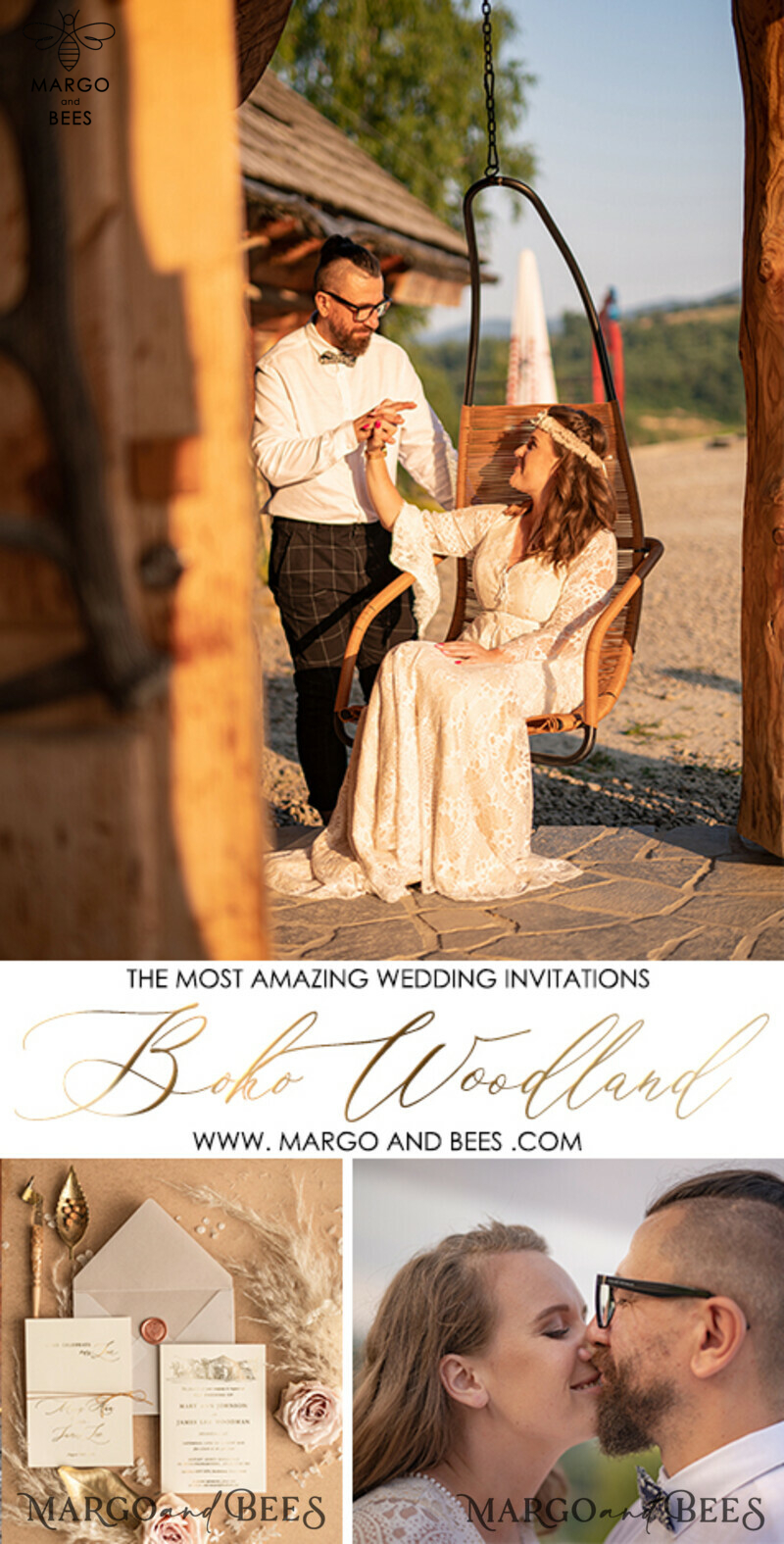 Luxury Bohemian Wedding Invitations: Customized Venue Sketch and Elegant Nude Invitation Suite with Golden Shine-8