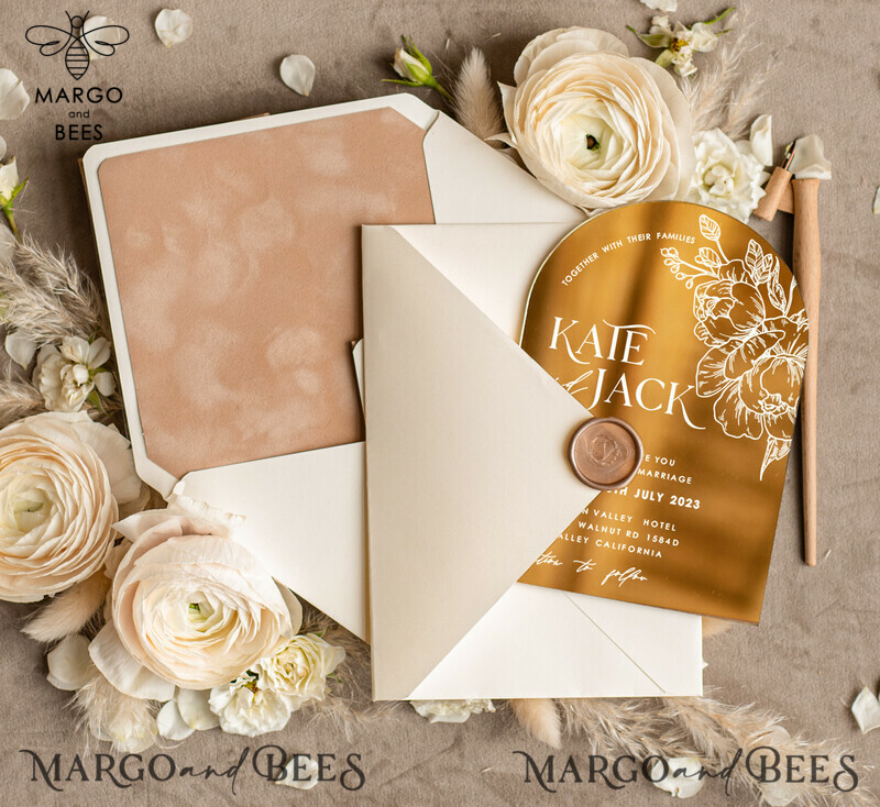 Arch Gold Acrylic wedding invitation, Luxury Pocket Nude Wedding Invites,  Glamour Wedding Invitation Suite-4