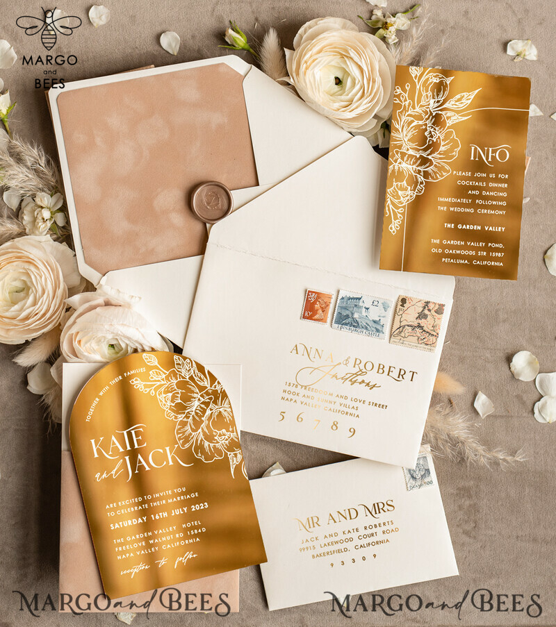 Arch Gold Acrylic wedding invitation, Luxury Pocket Nude Wedding Invites,  Glamour Wedding Invitation Suite-5
