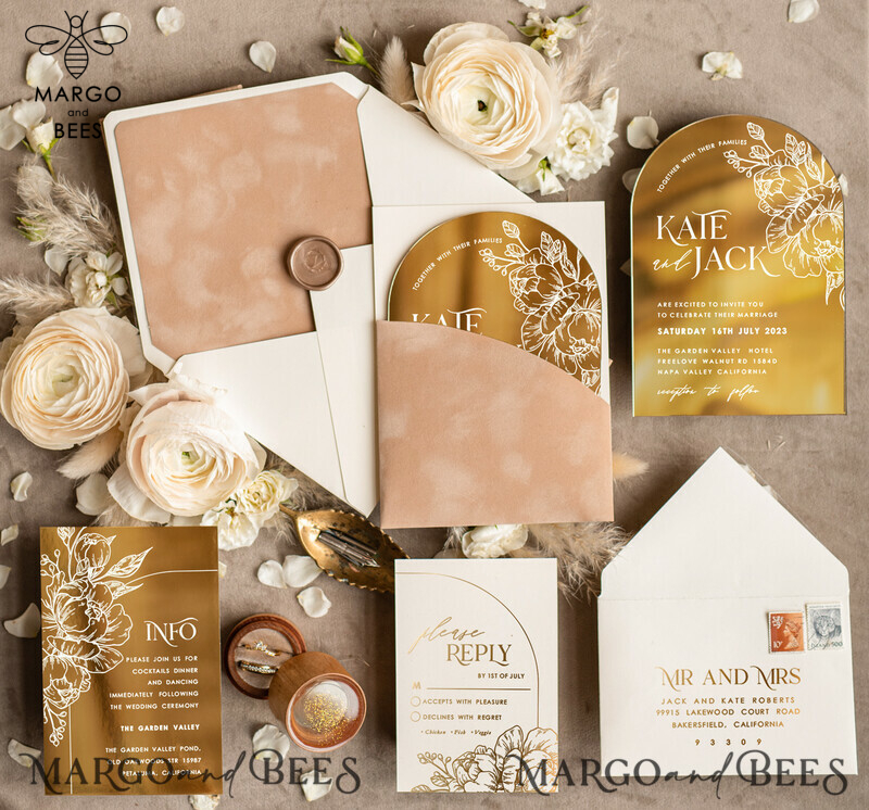 Arch Gold Acrylic wedding invitation, Luxury Pocket Nude Wedding Invites,  Glamour Wedding Invitation Suite-0