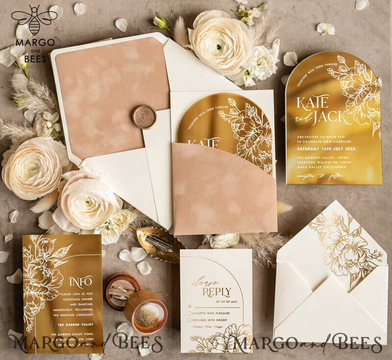 Arch Gold Acrylic wedding invitation, Luxury Pocket Nude Wedding Invites,  Glamour Wedding Invitation Suite-8
