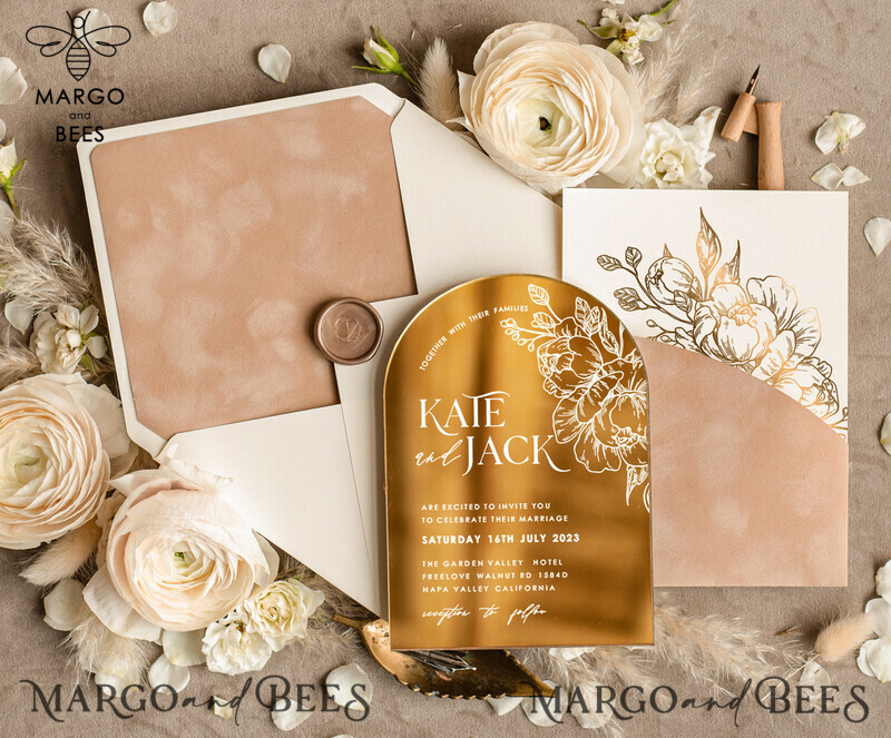 Arch Gold Acrylic wedding invitation, Luxury Pocket Nude Wedding Invites,  Glamour Wedding Invitation Suite-1