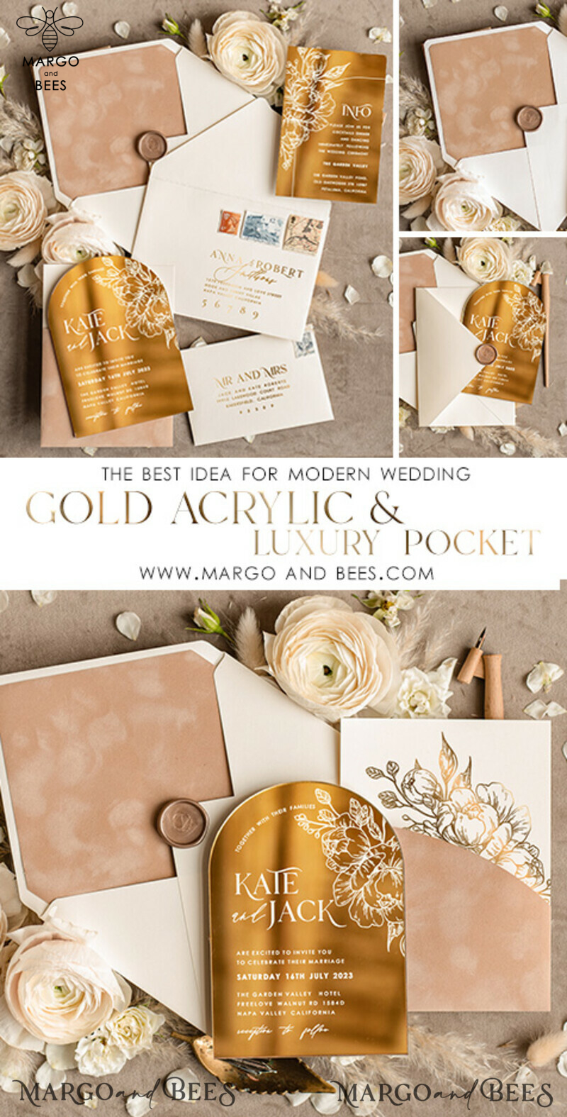 Arch Gold Acrylic wedding invitation, Luxury Pocket Nude Wedding Invites,  Glamour Wedding Invitation Suite-6