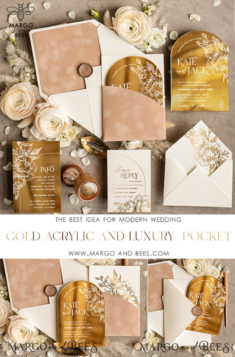 Arch Gold Acrylic wedding invitation, Luxury Pocket Nude Wedding Invites,  Glamour Wedding Invitation Suite-2
