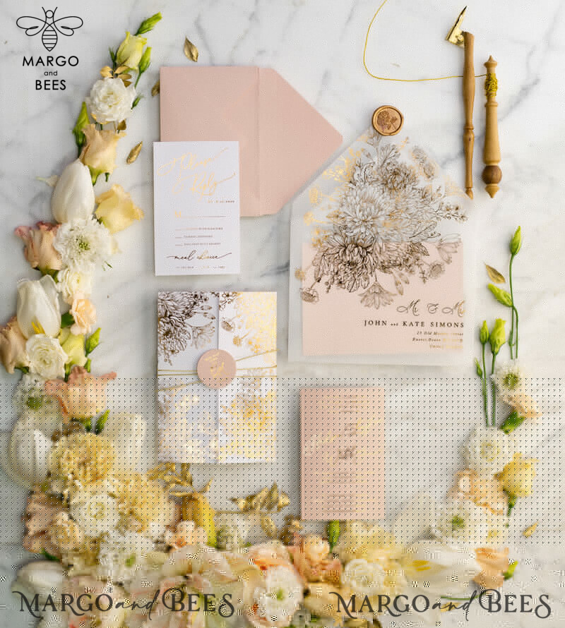 Rose Gold Luxury Wedding Invitations PocketFold  Glitter Invites , Vellum Envelope and Blush Pink Tag -1