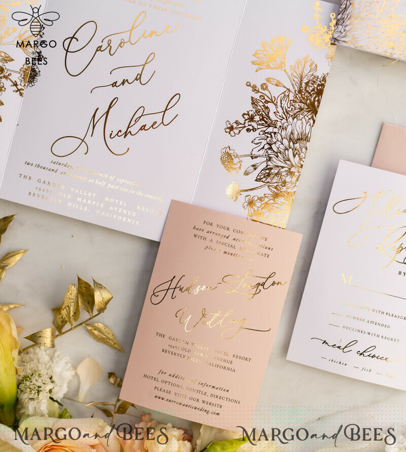 Luxury Arabic Golden Wedding Invitations, Glamour Gold Foil Wedding Invites, Romantic Blush Pink Wedding Cards, Bespoke Indian Wedding Stationery-8