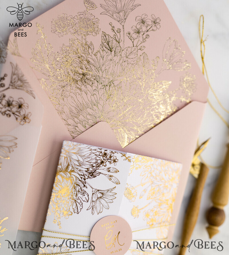 Elegant Arabic Golden Wedding Invitations with Glamour Gold Foil and Romantic Blush Pink, Exquisite Bespoke Indian Wedding Stationery-11