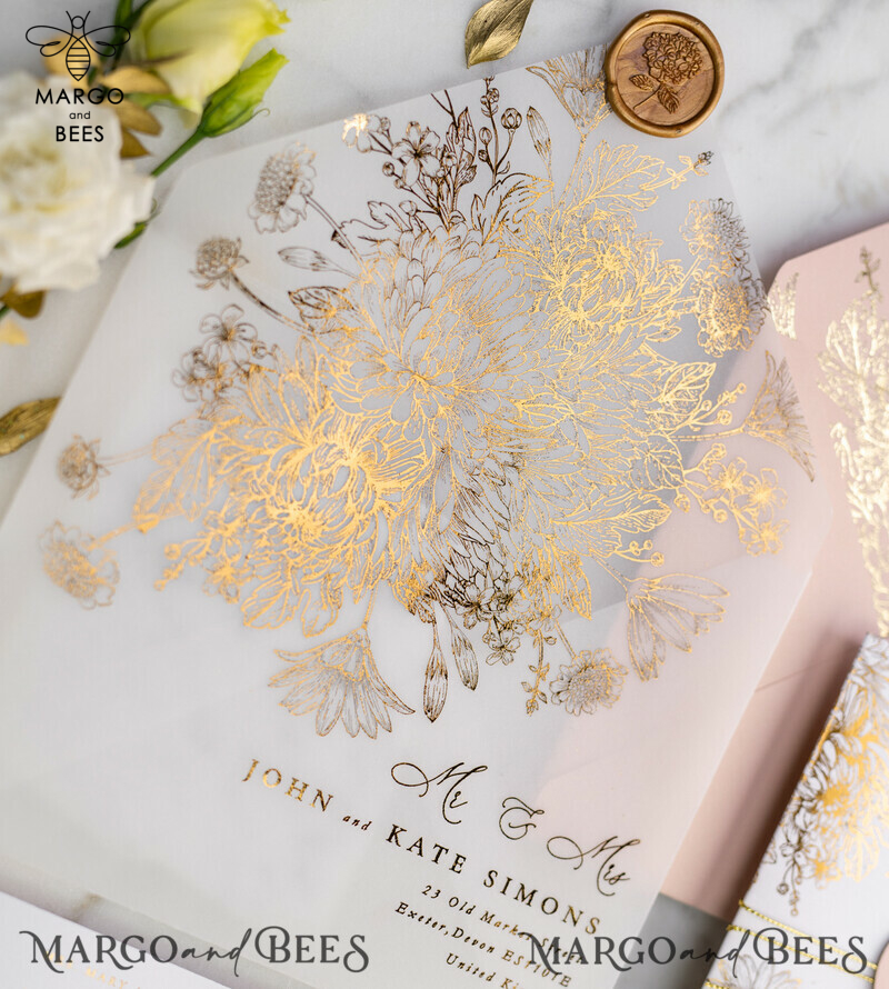 Rose Gold Luxury Wedding Invitations PocketFold  Glitter Invites , Vellum Envelope and Blush Pink Tag -12