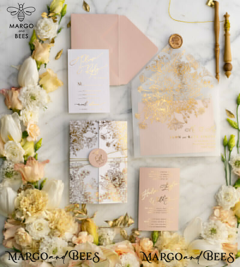 Rose Gold Luxury Wedding Invitations PocketFold  Glitter Invites , Vellum Envelope and Blush Pink Tag -14