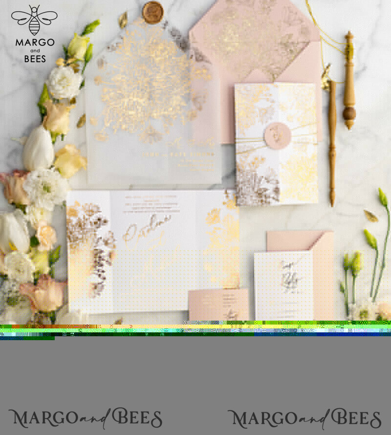 Rose Gold Luxury Wedding Invitations PocketFold  Glitter Invites , Vellum Envelope and Blush Pink Tag -17