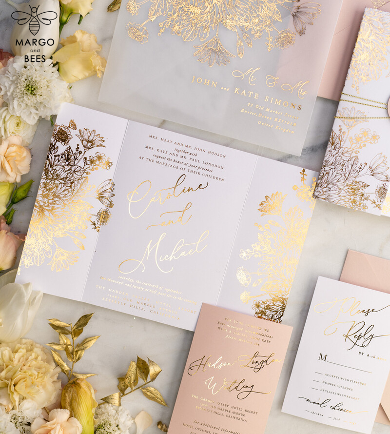 Rose Gold Luxury Wedding Invitations PocketFold  Glitter Invites , Vellum Envelope and Blush Pink Tag -18