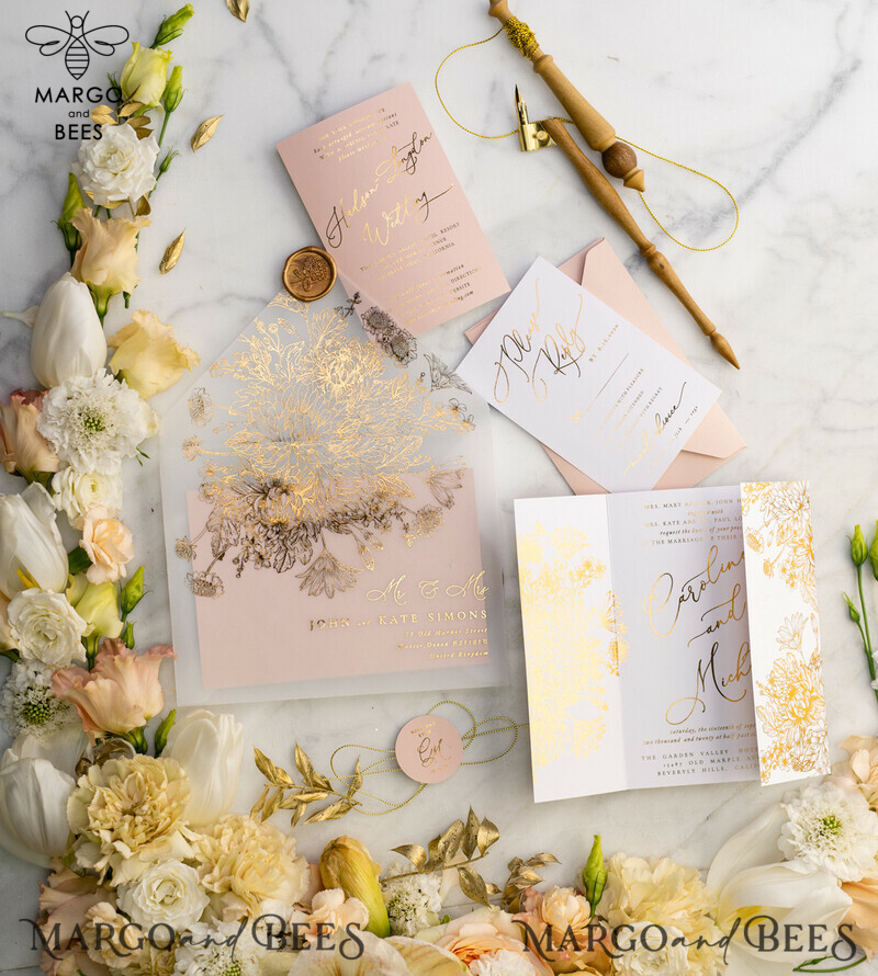Luxury Arabic Golden Wedding Invitations, Glamour Gold Foil Wedding Invites, Romantic Blush Pink Wedding Cards, Bespoke Indian Wedding Stationery-20
